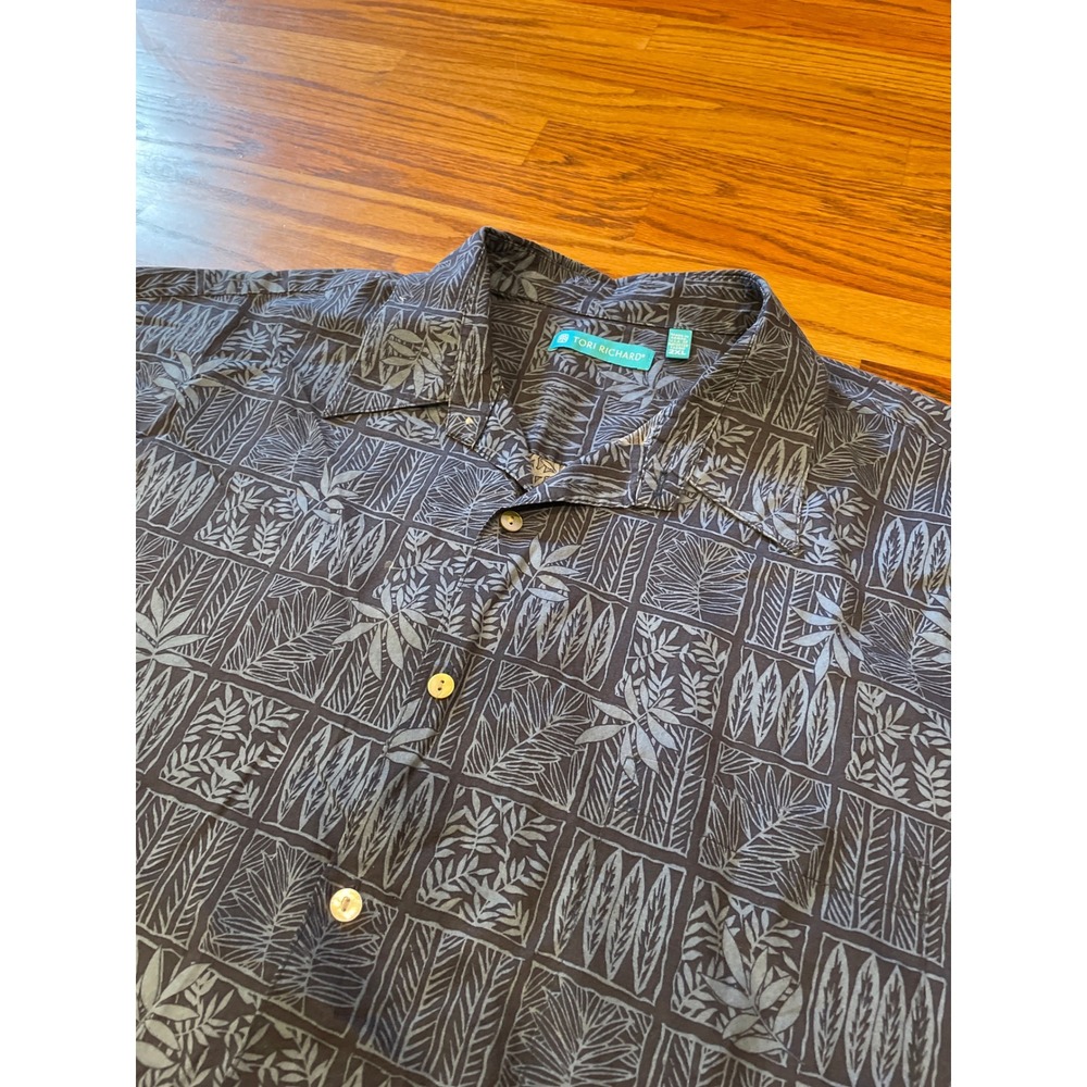 Tori Richard Mens Button Up Shirt 2XL Blue Cotton Lawn Hawaiian Tribal AOP Palm